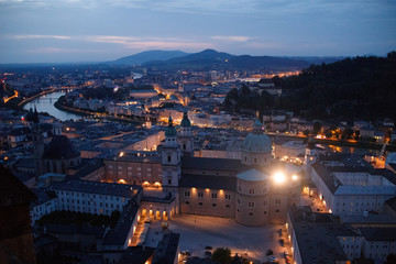 Aerial view of the historic city of Salzburg in the evening