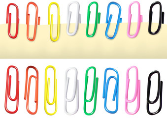 Colorful Paperclips Isolated on a White Background and Paperclips Attached on a Paper - Detailed Illustration, Vector