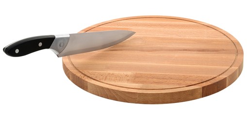 Wooden cutting board and knife isolated on white background