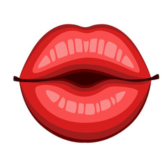 Red lips kiss. Flat style mouth and lips. Kiss sexy logo icon for card. Vector illustration isolated on white background