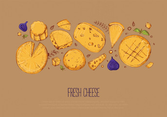 Sketch Cheese horizontal banner. Restaurant menu on crafted paper with different types mozzarella, gauda, maasdam, Feta . Rustic design. Vector illustration