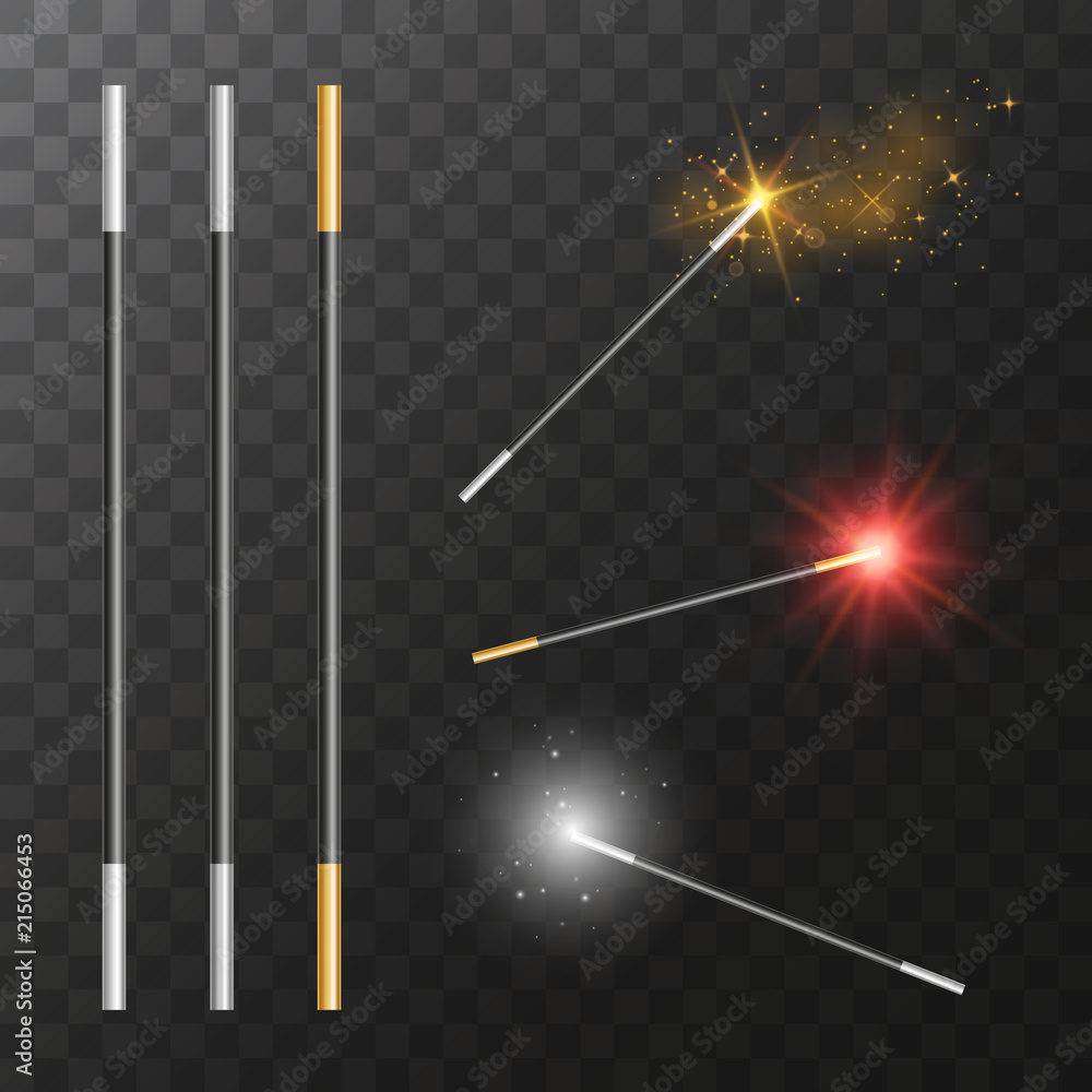 Wall mural vector realistic magic wands with transparent colorful light effects on dark background