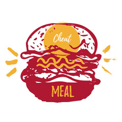 Cheat Meal with hand drawn Burger label, badge. Emblem for fast food restaurant, cafe. Isolated on white background. Vector illustration.