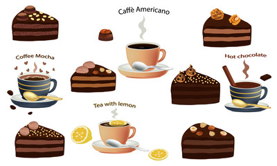 Black coffee americano, coffee cappuccino, hot chocolate and pieces chocolate cake with chocolate cream and nuts isolated on white background. Cakes sliced. A cup of coffee and chocolate cake. Vector 