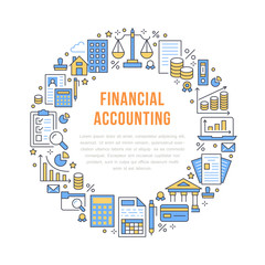 Financial accounting circle poster with flat line icons. Bookkeeping brochure concept, tax optimization, loan, payroll, real estate crediting. Accountancy, finance thin linear signs for legal services