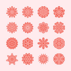 Doodle flowers set, pink red color. Beautiful floral design elements for wedding card. Zentangle backdrop, summer flower drawing. Cute silhouette illustration.