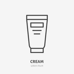 Cream flat line icon. Makeup beauty care sign, illustration of skin moisturizer in plastic tube. Thin linear logo for cosmetics store.