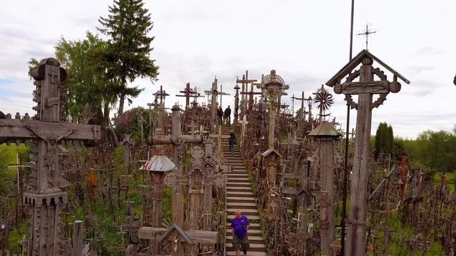 Aerial shot over the famous religious pilgrimage site, the Hill of Crosses in Lithuania
