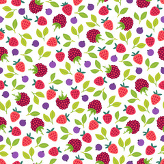 Fruit seamless pattern with wild strawberry, blackberry, black currant