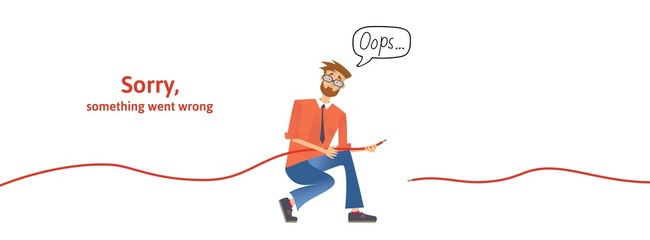 Nerdy guy with disconnected cable in his hands. Text warning message, sorry something went wrong. Oops 404 error page, vector template for website. Colored flat vector illustration. Horizontal.