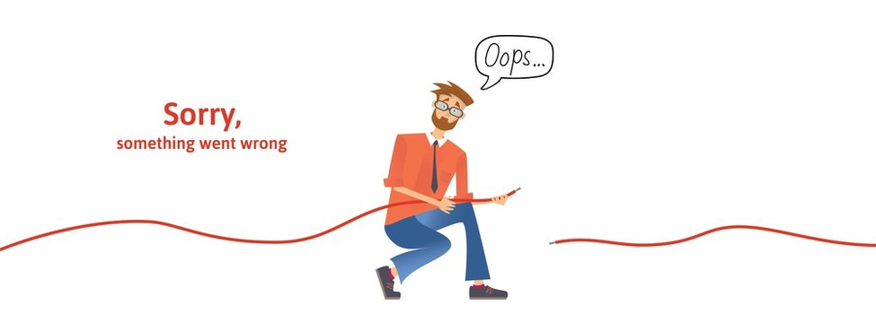 Nerdy guy with disconnected cable in his hands. Text warning message, sorry something went wrong. Oops 404 error page, vector template for website. Colored flat vector illustration. Horizontal.