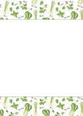 Template pages of menu card with green vegetables: onion, parsley, basil and book toy, watercolor painting