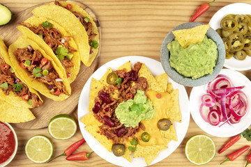 Overhead photo of assortment of Mexican food
