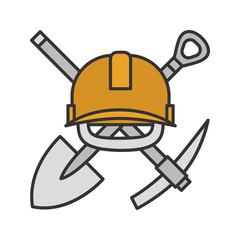 Crossed shovel and pickaxe with hard hat color icon