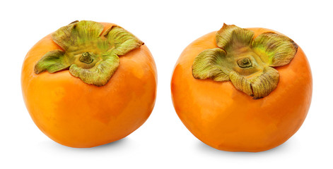 Tropical fruit persimmon. Kaki with leaves on white background.