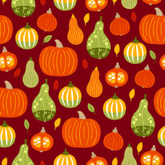 Autumn seamless pattern with leaves and pumpkins