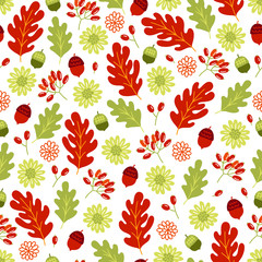 Autumn seamless pattern with oak leaves, acorn, berries and flowers