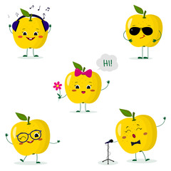 A set of five yellow apple Smiley in different poses in a cartoon style.