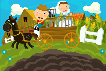 cartoon farm scene with father and son - kid - working together - illustration for children