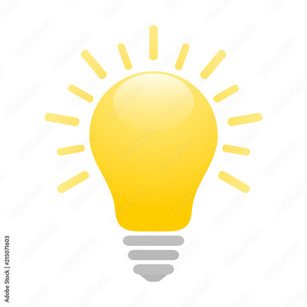 Poster shiny yellow light bulb icon with rays. idea and creativity symbol.