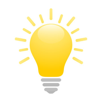 Shiny yellow light bulb icon with rays. Idea and creativity symbol.