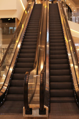 Modern escalators with handrails in shopping mall