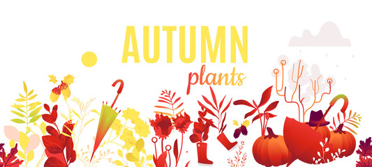 Abstract autumn red, orange plants and flowers pattern poster. Meadow, garden romantic wedding invitation card, autumnal seasonal holiday, harvest decoration element. Floral vector illustration