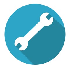 Flat icon white wrench in blue circle with long shadow. Vector illustration.