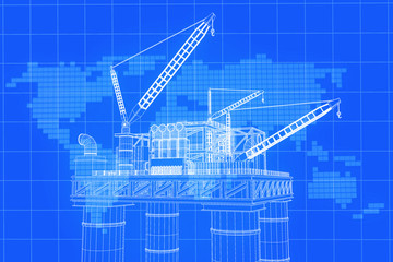 3D rendering , Blue screen Oil rig constructtion plant with background world map on grid line.