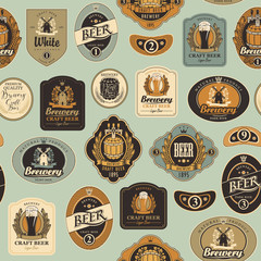 Vector seamless pattern on the theme of beer with various beer labels with images of barrels, beer glasses, mills, laurel wreathes, ears of wheat and other in retro style