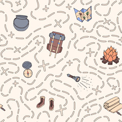 Hand drawn vector camping seamless pattern with backpack, bonfire, shoes, map, cauldron, sleeping bag, flashlight, compass and path to location. Travel ornament on the beige background.