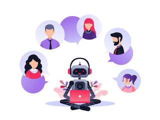Vector illustration, customer service, chatbot hotline operator advises client, online global technical support 24-7, customer and robot operator. Artificial intelligence consulting people.