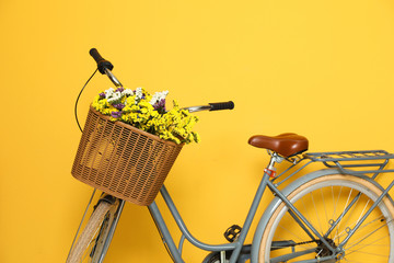 Fototapeta na wymiar Retro bicycle with wicker basket on color background