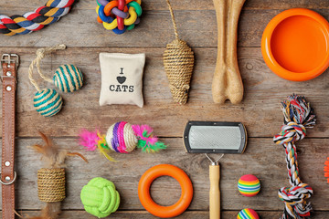 Flat lay composition with accessories for dog and cat on wooden background. Pet care