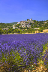 Naklejka premium village on a hill with lavender field on its feet, village Simiane-la-Rontonde, Provence, France, department Alpes-de-Haute-Provence