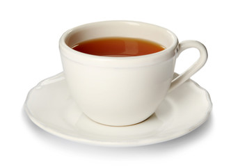 Ceramic cup of hot aromatic tea on white background