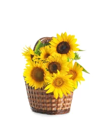 Fotobehang Zonnebloemen Rieten mand met mooie gele zonnebloemen op witte achtergrond
