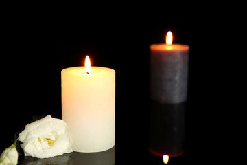 Burning decorative candles with flower on black background