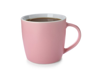 Pink ceramic cup with hot aromatic coffee on white background