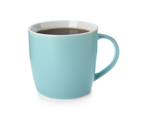Blue ceramic cup with hot aromatic coffee on white background