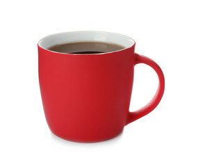 Red ceramic cup with hot aromatic coffee on white background