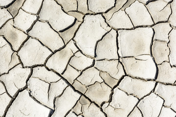 Overhead view of the patterns of a cracked dry grey earth.