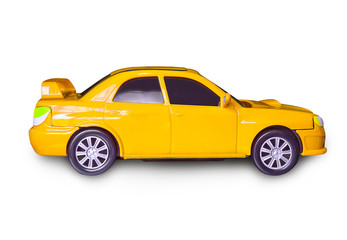 yellow toy car on white background.