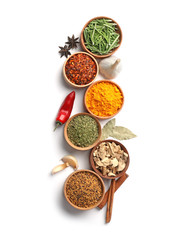 Beautiful composition with different aromatic spices on white background