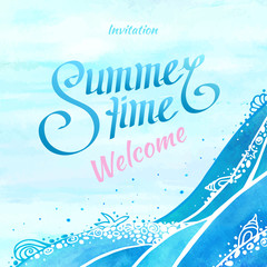 Summer time and ocean wave background illustration with invitation, welcome text. Watercolor ocean wave, sea wave with ornamental sea foam and seashells on sky background. Square vector illustration.