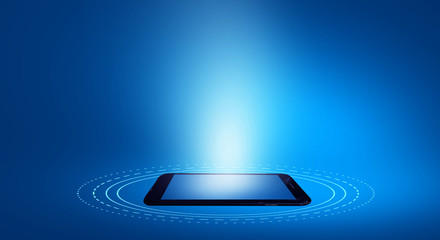 Mobile phone, on a blue neon background, radio waves, transmitter, additional reality