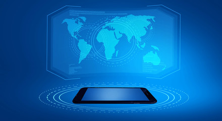 Mobile phone, on a blue neon background, additional reality in the form of a holographic display, world map