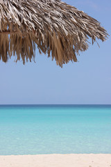 Fototapeta na wymiar Dry palm leaves as an umbrella near turquoise sea