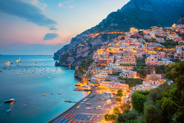 Positano. Aerial image of famous city Positano located on Amalfi Coast, Italy during sunset. - Powered by Adobe