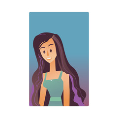 Brunette young woman flat avatar for social networks, blogs use. Long haired smiling girl in dress, cute female character portrait. Vector illustration on blue background.